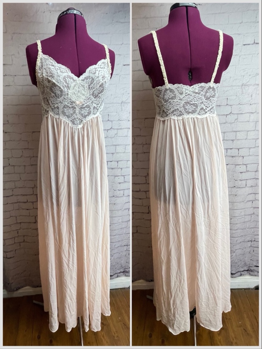 Miss Elaine vintage pink and cream lace bodice long nightgown